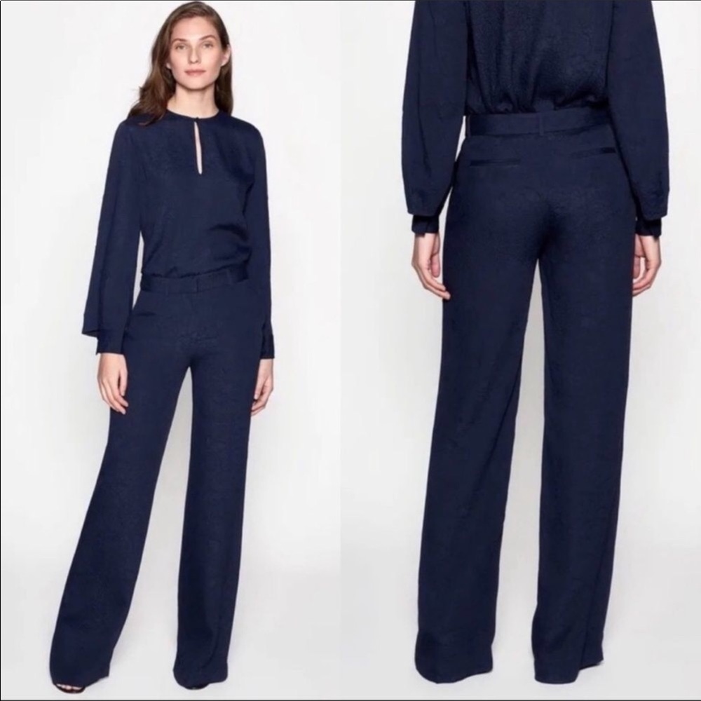 Equipment Arwen Floral Jacquard Navy Blue Wide Leg Trousers Pants NWT High Rise - Picture 5 of 8